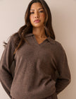 Chocolate Brown Marl Open Collar Wool Jumper