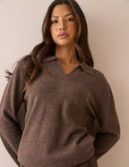 Chocolate Brown Marl Open Collar Wool Jumper