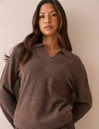 Chocolate Brown Marl Open Collar Wool Jumper
