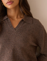 Chocolate Brown Marl Open Collar Wool Jumper