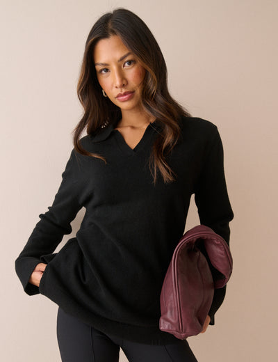 Black Open Collar Wool Jumper