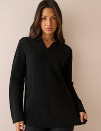 Black Open Collar Wool Jumper
