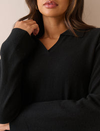 Black Open Collar Wool Jumper