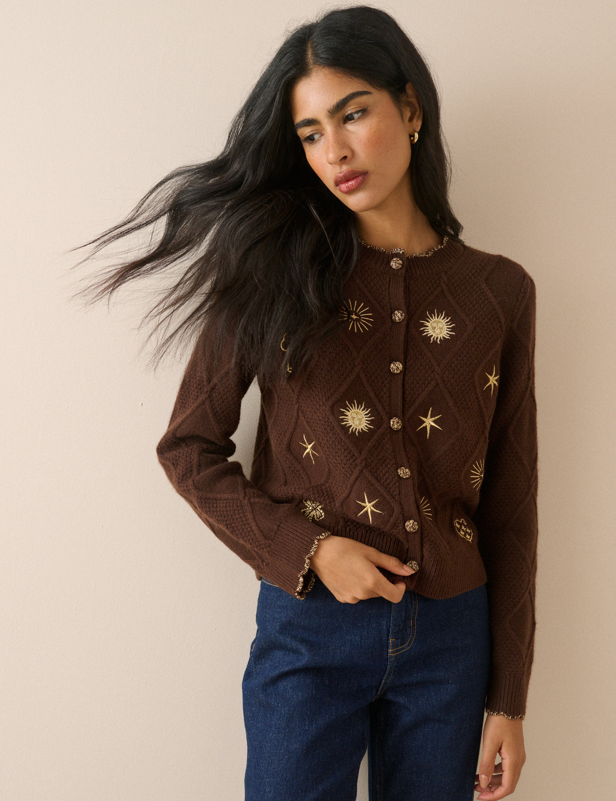 Brown Celestial Embroidered Knitted Cardigan
