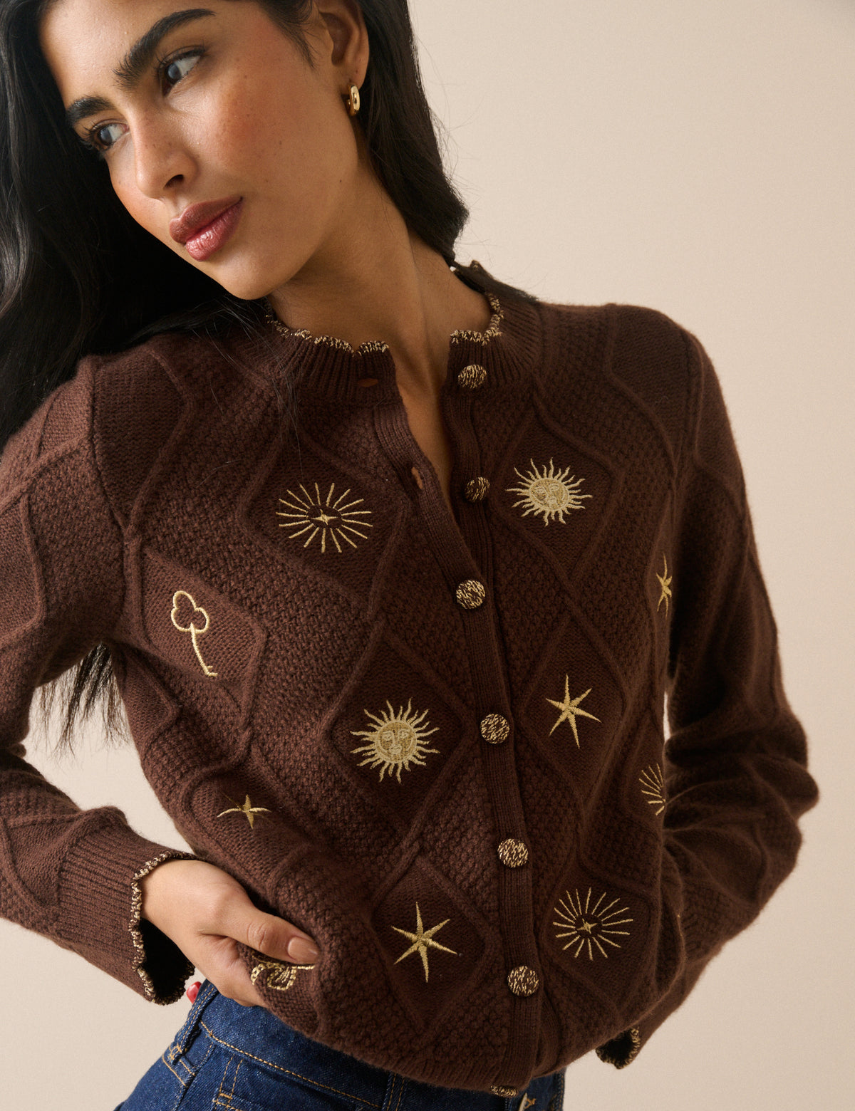 Brown Celestial Embroidered Knitted Cardigan