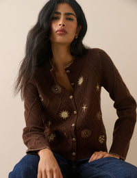 Brown Celestial Embroidered Knitted Cardigan