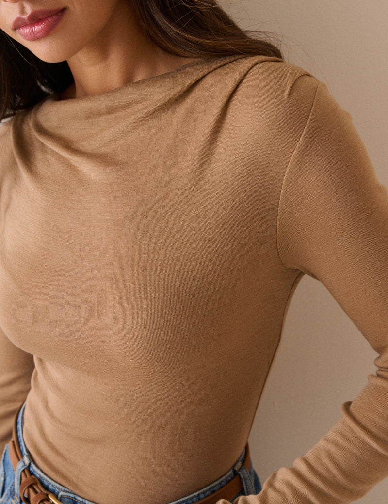 Camel Merino Wool Draped Boat Neck Long Sleeve Top
