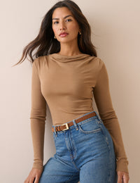 Camel Merino Wool Draped Boat Neck Long Sleeve Top