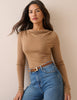 Camel Merino Wool Draped Boat Neck Long Sleeve Top