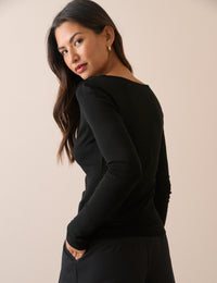 Black Merino Wool Draped Boat Neck Long Sleeve Top