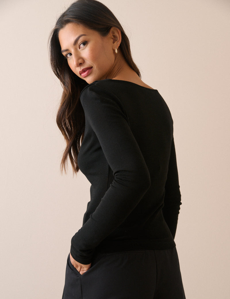 Black Merino Wool Draped Boat Neck Long Sleeve Top