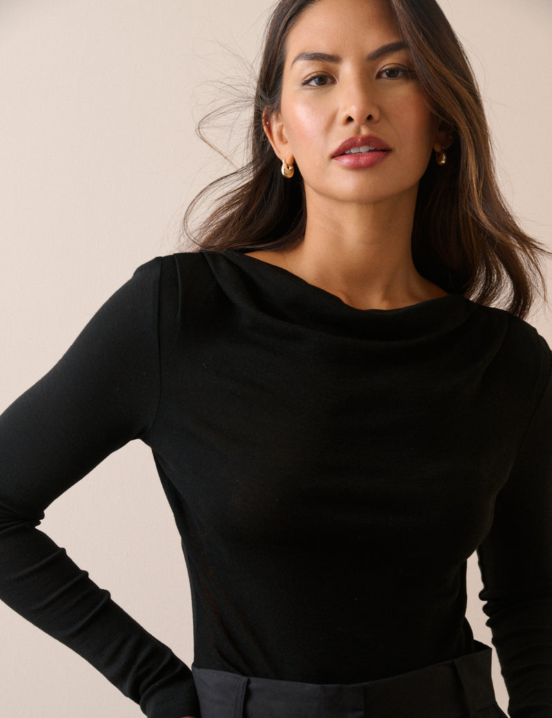 Black Merino Wool Draped Boat Neck Long Sleeve Top