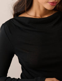 Black Merino Wool Draped Boat Neck Long Sleeve Top