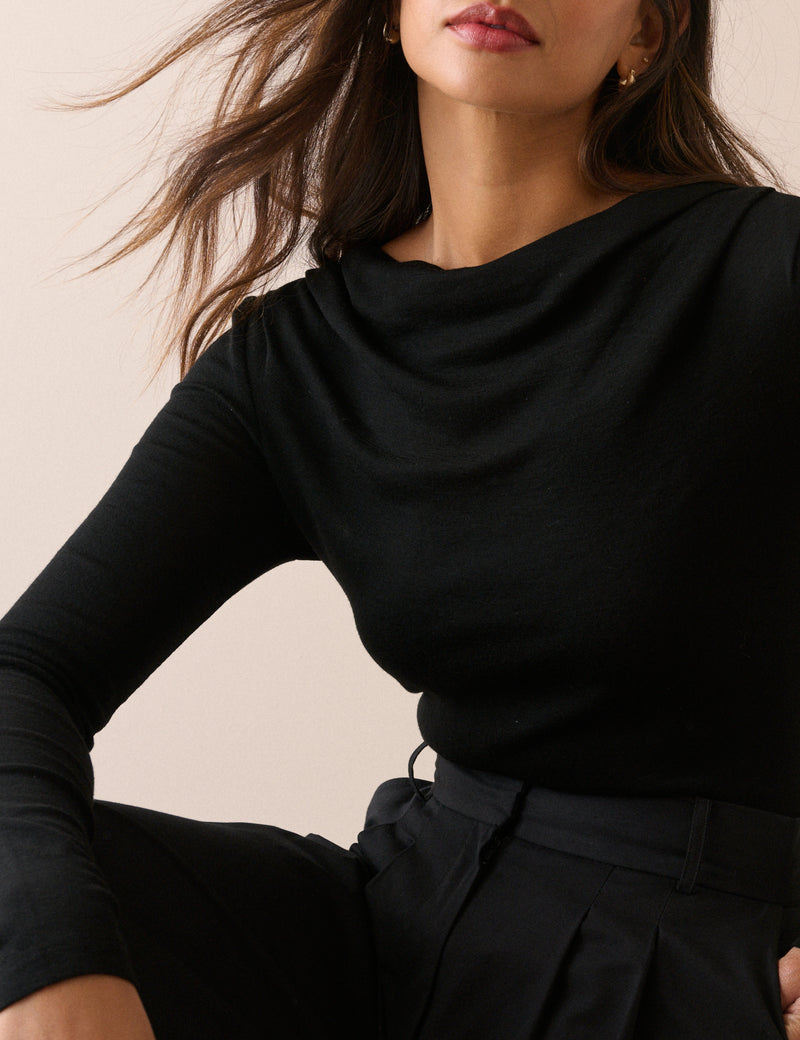 Black Merino Wool Draped Boat Neck Long Sleeve Top