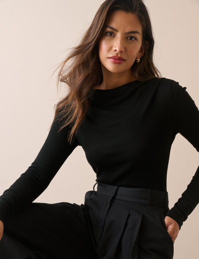 Black Merino Wool Draped Boat Neck Long Sleeve Top