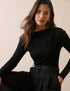 Black Merino Wool Draped Boat Neck Long Sleeve Top