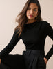 Black Merino Wool Draped Boat Neck Long Sleeve Top
