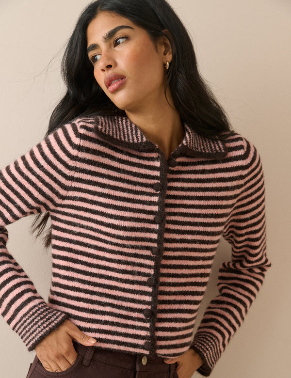 Pink and Brown Striped Collared Cardigan