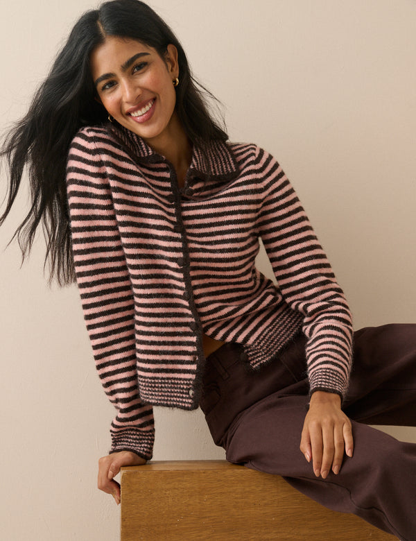 Pink and Brown Striped Collared Cardigan