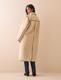 Cream Funnel Neck Longline Shearling Coat
