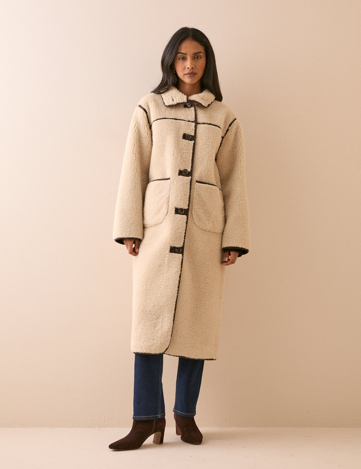 Cream Funnel Neck Longline Shearling Coat