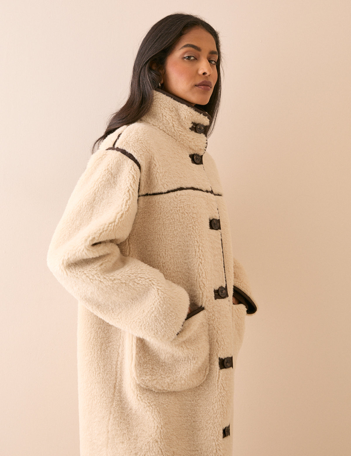 Cream Funnel Neck Longline Shearling Coat