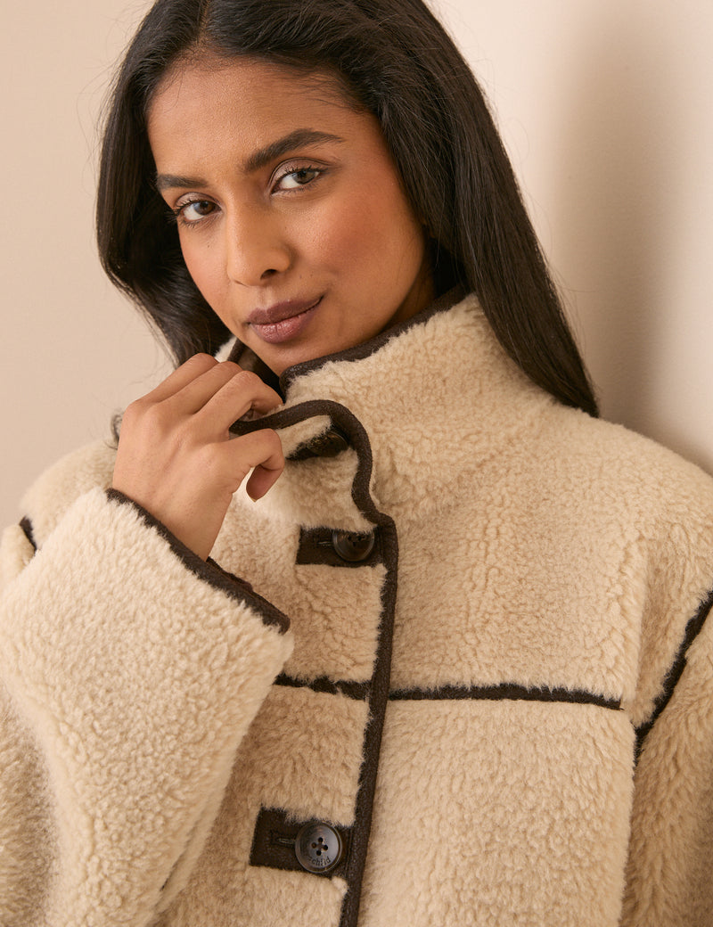 Cream Funnel Neck Longline Shearling Coat
