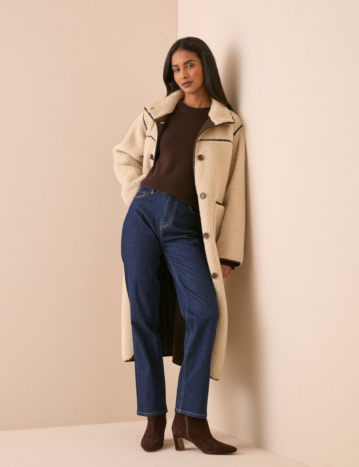 Cream Funnel Neck Longline Shearling Coat