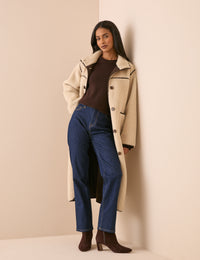 Cream Funnel Neck Longline Shearling Coat