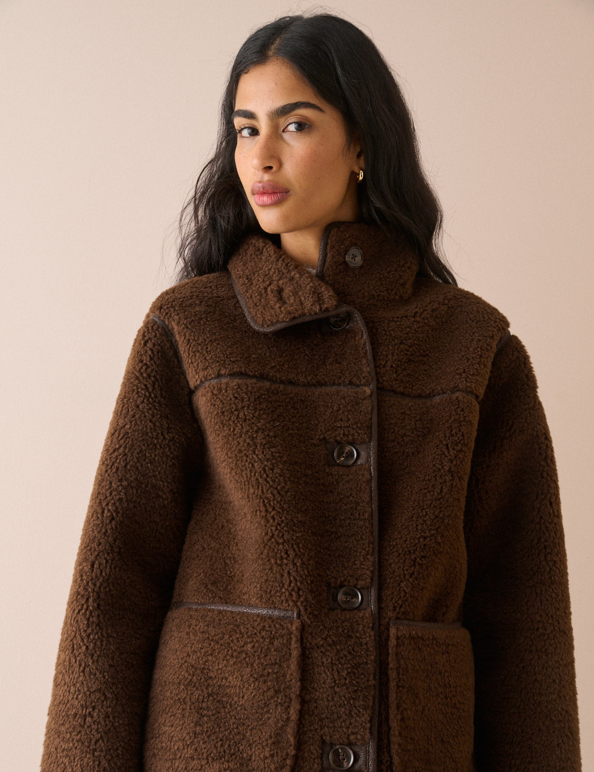 Brown Longline Funnel Neck Faux Shearling Coat