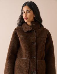 Brown Longline Funnel Neck Faux Shearling Coat