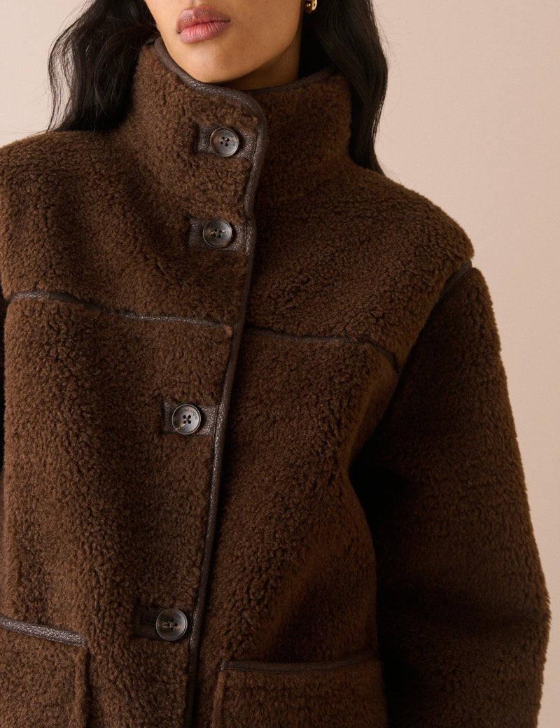 Brown Longline Funnel Neck Faux Shearling Coat