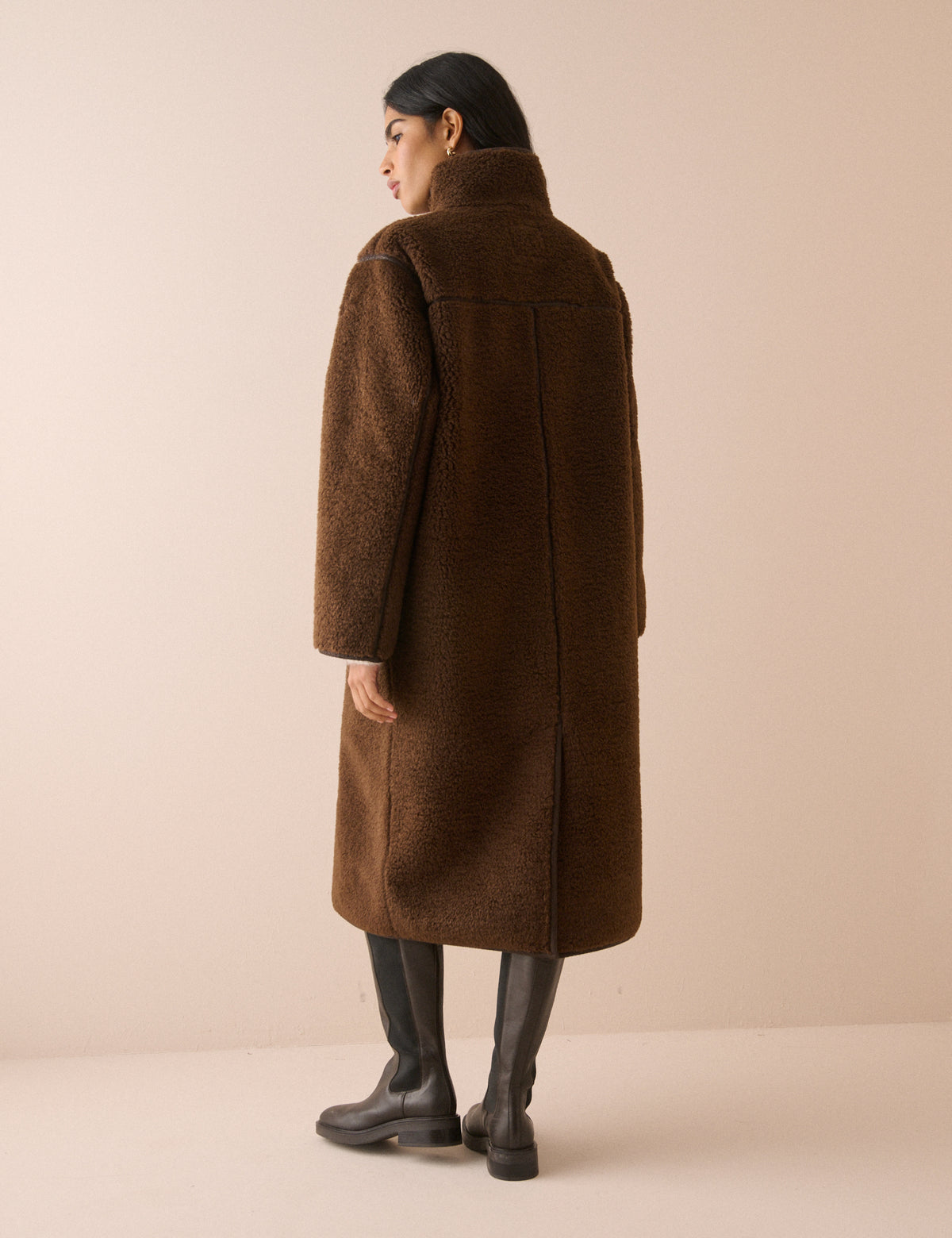 Brown Longline Funnel Neck Faux Shearling Coat