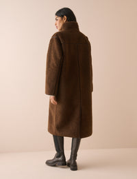 Brown Longline Funnel Neck Faux Shearling Coat