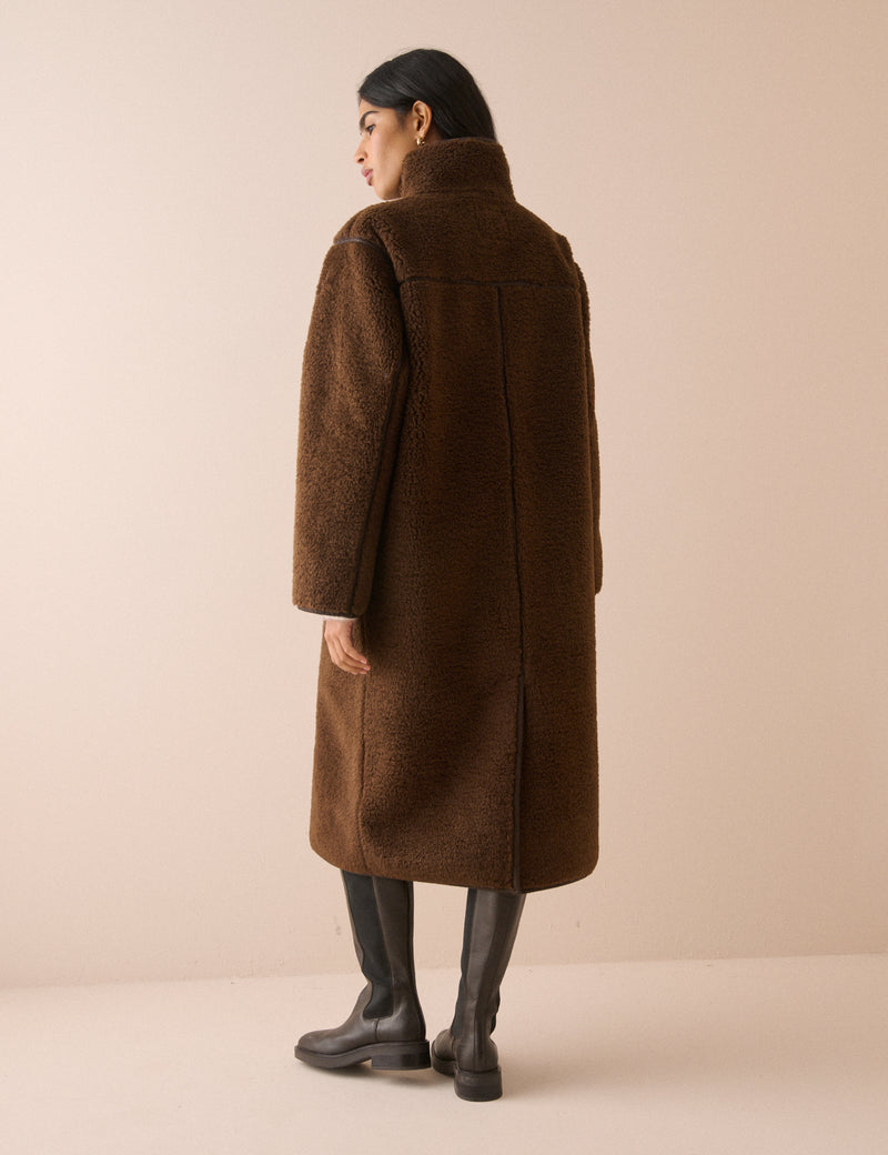 Brown Longline Funnel Neck Faux Shearling Coat