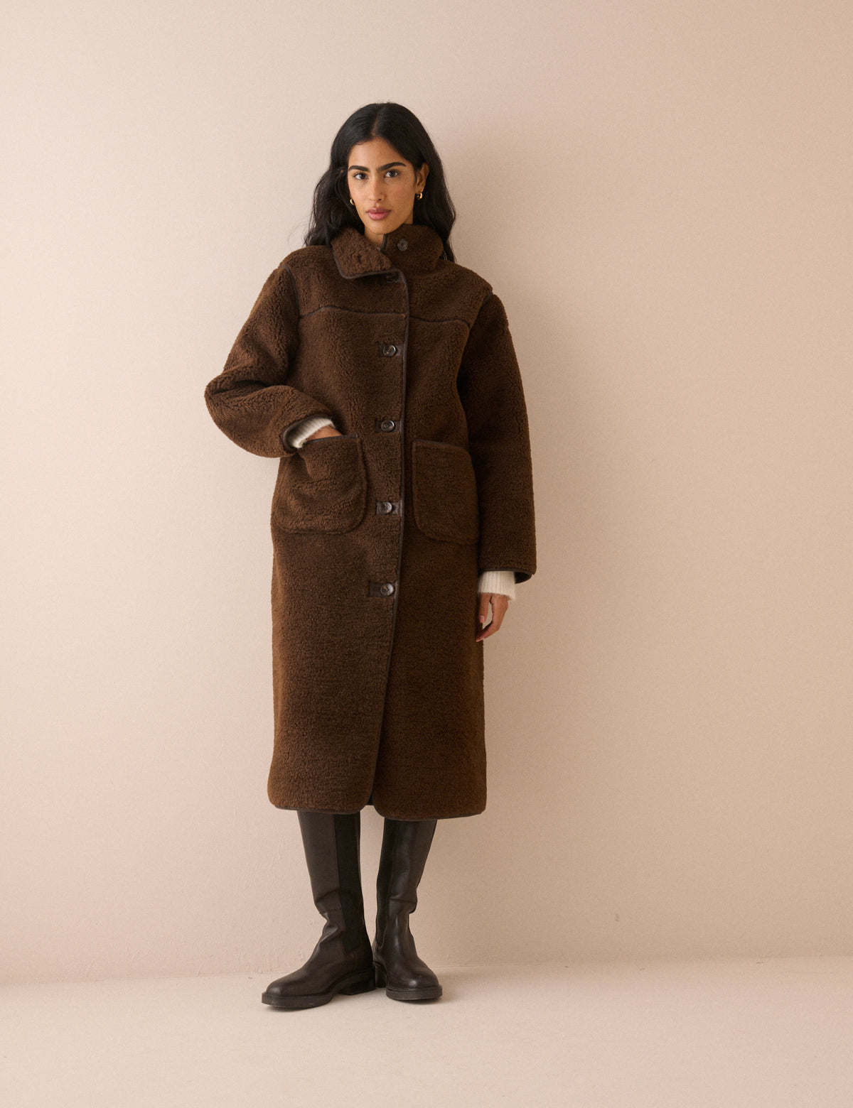Brown Longline Funnel Neck Faux Shearling Coat