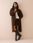 Brown Longline Funnel Neck Faux Shearling Coat