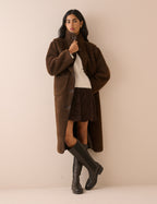 Brown Longline Funnel Neck Faux Shearling Coat