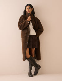 Brown Longline Funnel Neck Faux Shearling Coat
