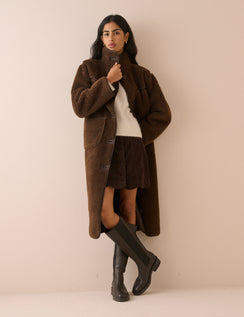 Brown Longline Funnel Neck Faux Shearling Coat