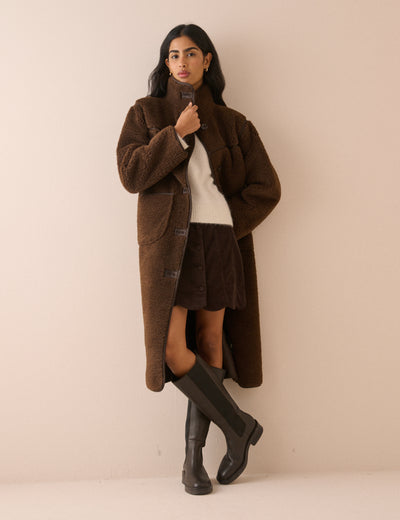 Brown Longline Funnel Neck Faux Shearling Coat