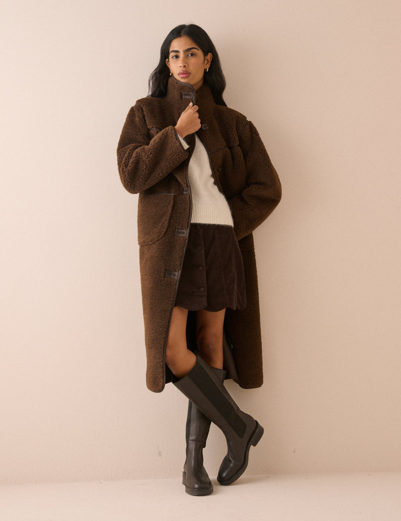 Brown Longline Funnel Neck Faux Shearling Coat