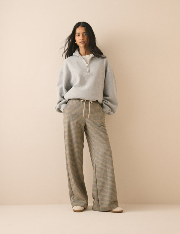 Beige Houndstooth Wide Leg Trouser
