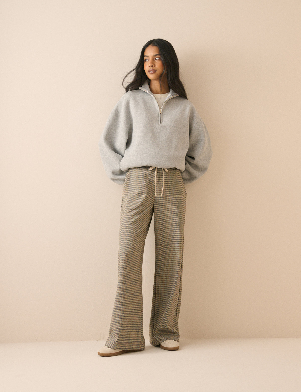 Grey Houndstooth Wide Leg Trouser