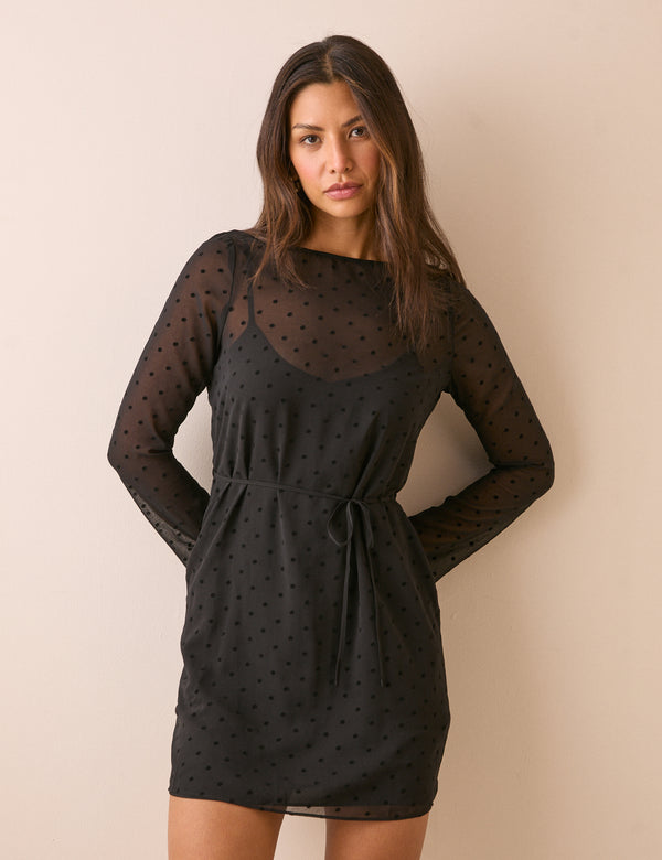 Black Polka Dot Tie Waist Priya Mini Dress