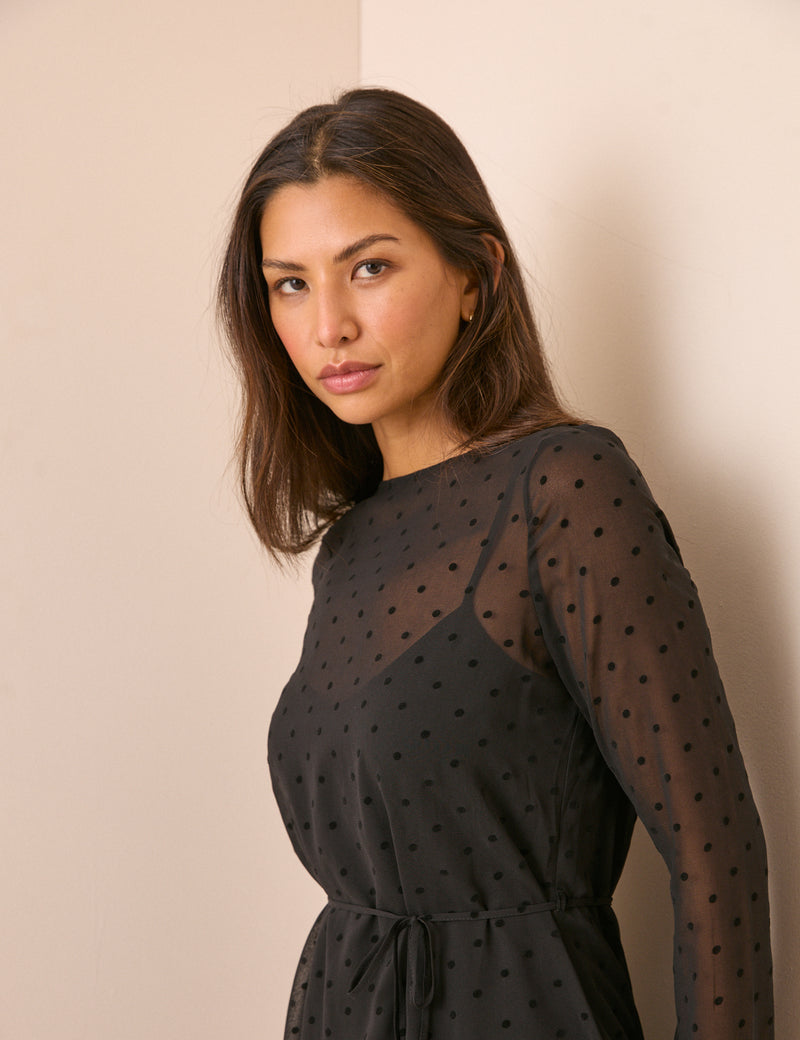 Black Polka Dot Tie Waist Priya Mini Dress
