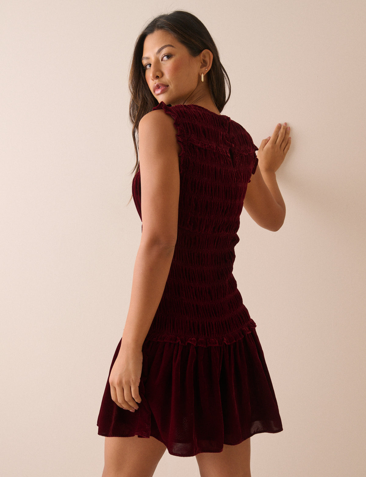 Burgundy Drop Waist Velvet Rana Mini Dress