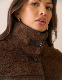 Brown Funnel Neck Faux Sherling Coat