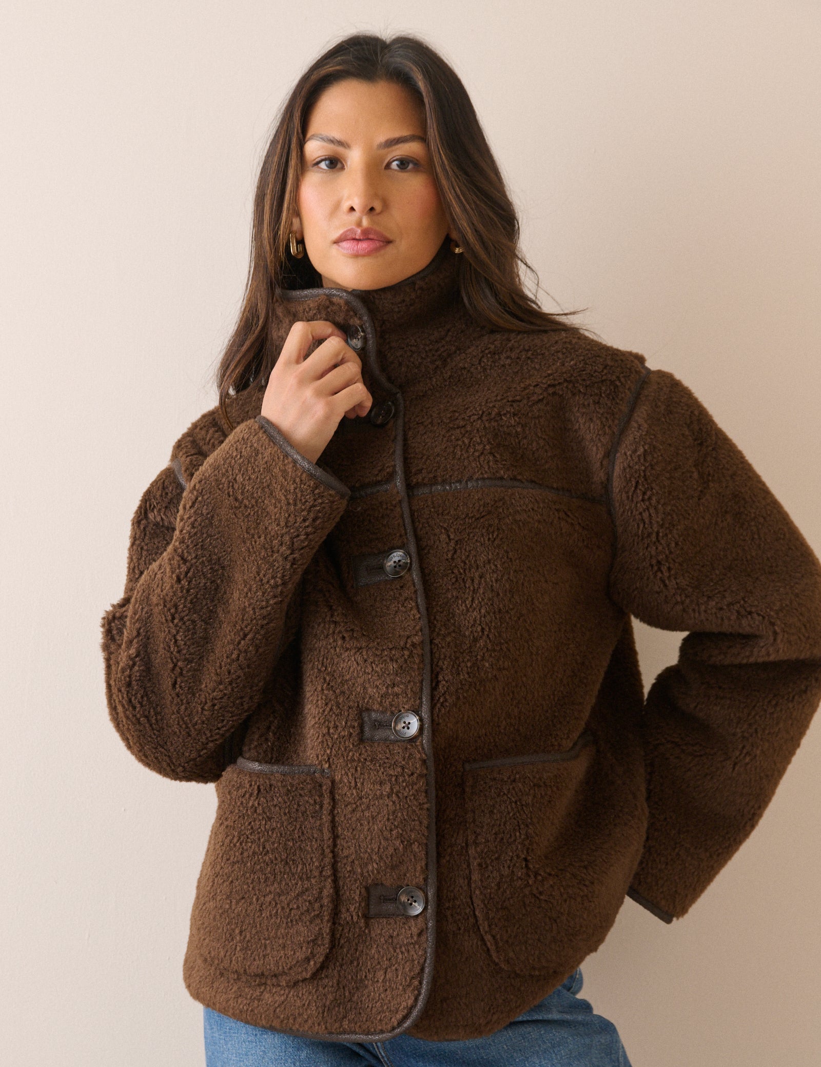 Brown Funnel Neck Faux Sherling Coat
