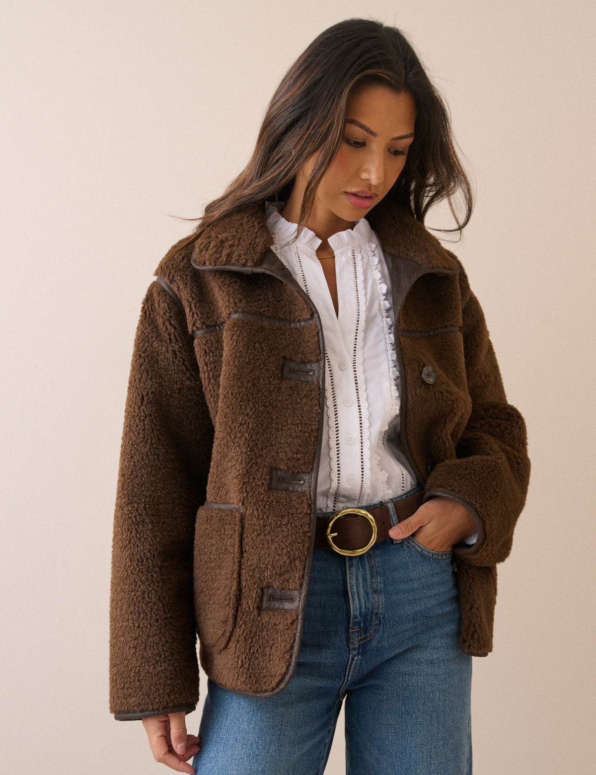 Brown Funnel Neck Faux Sherling Coat